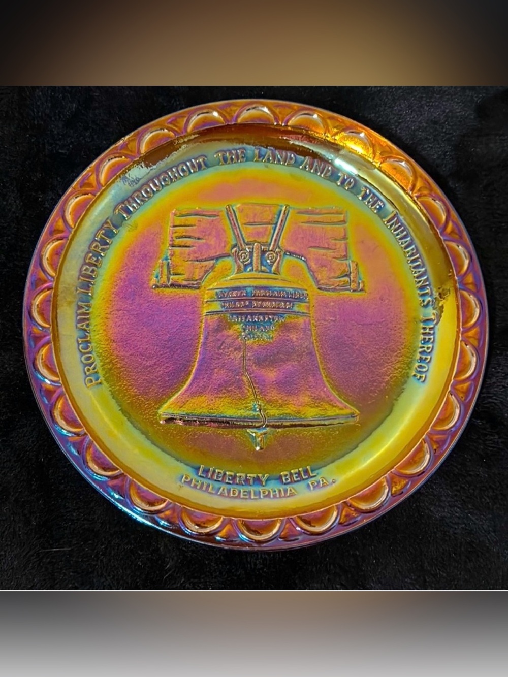 Vintage Indiana Glass Co. Liberty Bell Gold Carnival Glass Bicentennial Plate